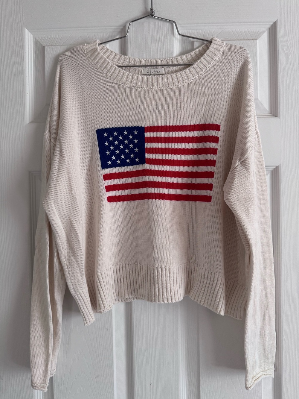 Z Supply Cream Crewneck Sweater with Flag Graphic